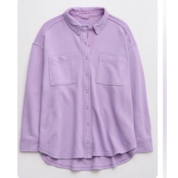Aerie LumberJane Fleece Button Up Oversized Shirt in a purple color variant XL - Picture 10 of 10